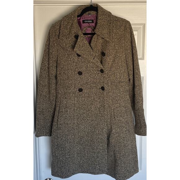Vintage Guess Tweed Long Trench Coat Women's Large Wool Rare Find 90s - Picture 2 of 15